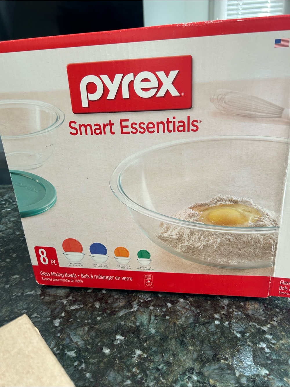 Pyrex Smart Essentials Clear Glass Bowls with Red, Blue, Orange & Green Lids